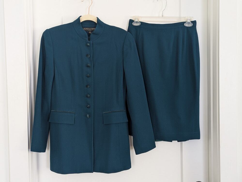 Vtg Kasper & Company ASL Teal Blue Wool Sz 6 Skirt Suit Mandarin Collar Velvet
